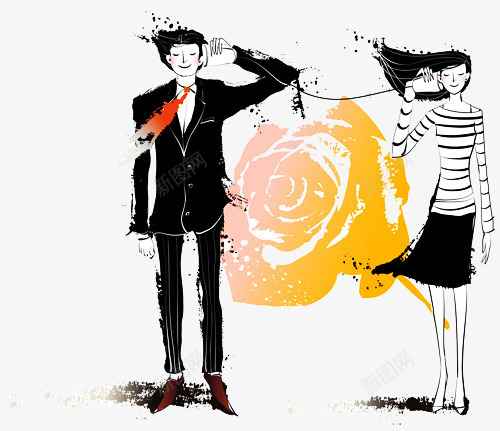 手绘男女在在玩纸杯传声音png免抠素材_新图网 https://ixintu.com 卡通 女生 漫画 玫瑰花 男生 线条