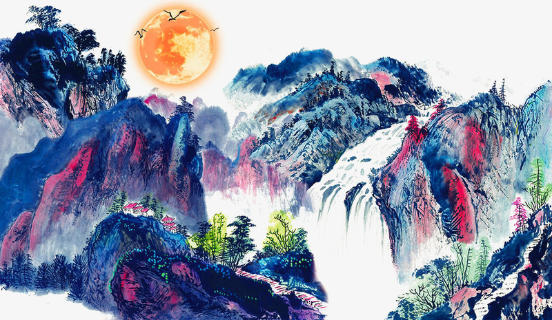 水墨画psd免抠素材_新图网 https://ixintu.com 中国风 国画 月亮 瀑布 绿水 青山 鸟