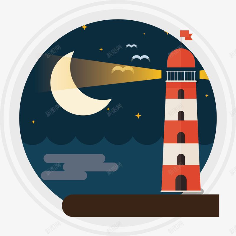 黑夜灯塔png免抠素材_新图网 https://ixintu.com 云层 手绘 旗子 星星 月亮 灯塔 蓝色 黑夜