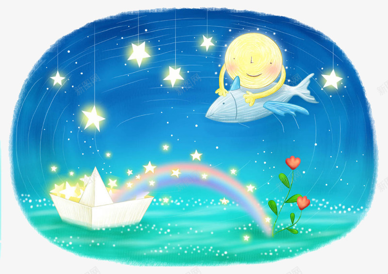 彩虹船png免抠素材_新图网 https://ixintu.com 彩虹船 星星 月亮 童话世界 鱼