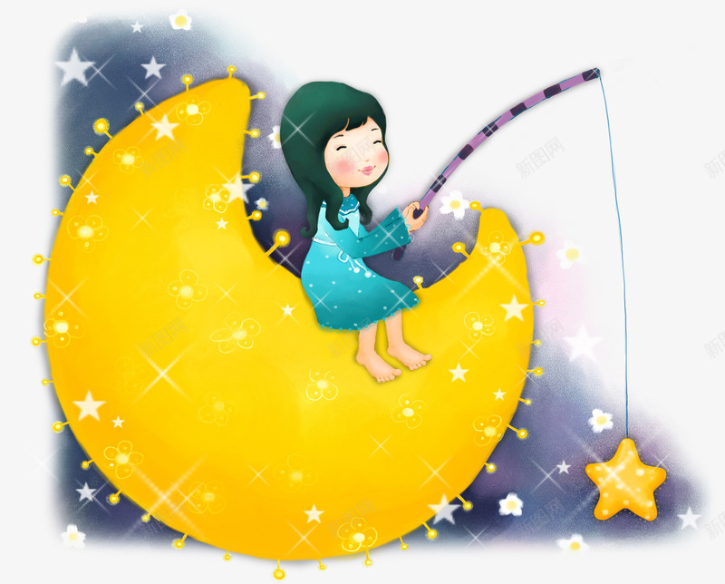 钓星星的女孩psd免抠素材_新图网 https://ixintu.com 卡通 夜空 女孩 手绘 星星 月亮