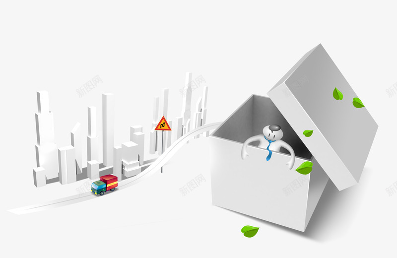 白色纸盒内的3d小人和建筑png免抠素材_新图网 https://ixintu.com 3d小人 创意 卡车 建筑 白色纸盒 纸盒 纸盒人 绿叶