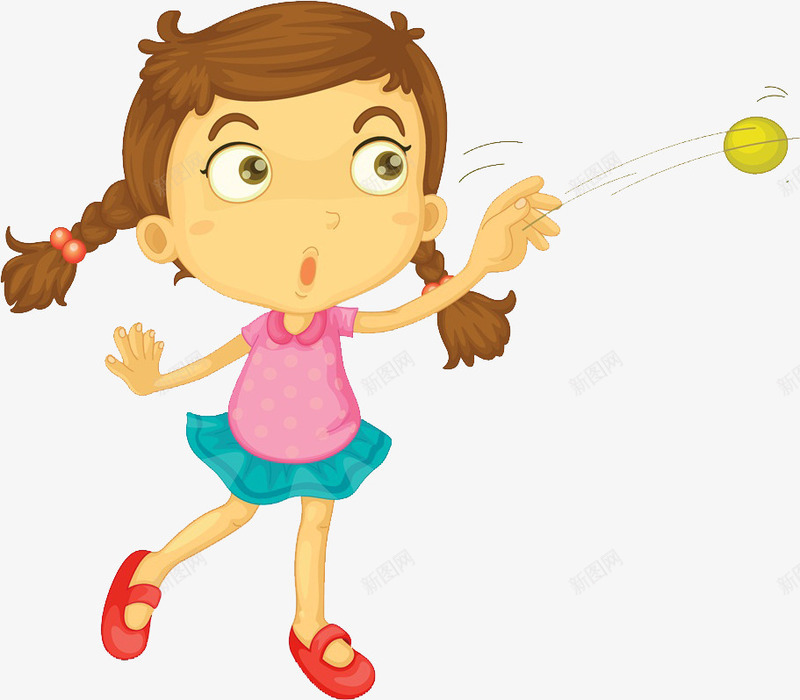卡通扎着辫子的女孩png免抠素材_新图网 https://ixintu.com 卡通 女孩 手绘 扎辫子 插图 漂亮的 玩球 短裙
