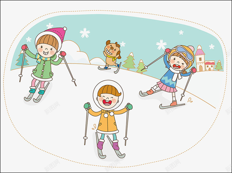 com 三个小孩 动画滑雪 漫画 雪地