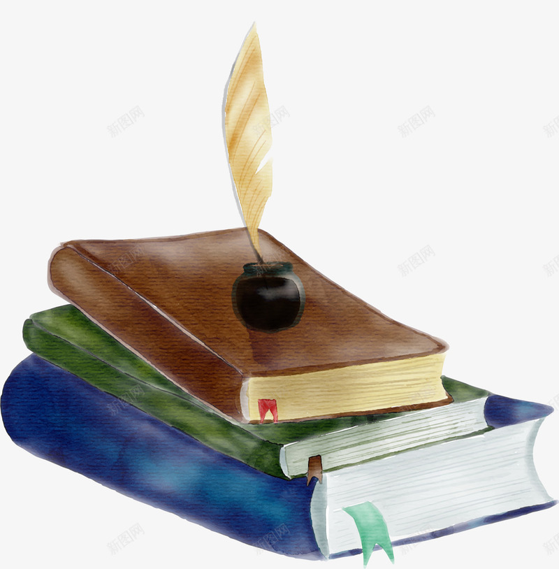 开学季叠放的书本png免抠素材_新图网 https://ixintu.com 叠放的书本 多彩书本 开学季 水彩 羽毛笔 黑色水墨瓶
