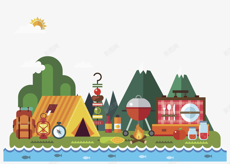 海边烧烤野餐图png免抠素材_新图网 https://ixintu.com 创意 卡通 商务 多彩 帐篷 手绘 烧烤 立体 餐具