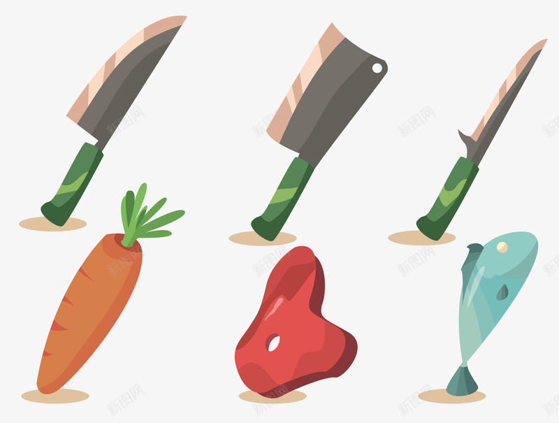 卡通刀具与食材png免抠素材_新图网 https://ixintu.com 切肉刀 刮鳞刀 卡通刀具 厨具 烹饪 菜刀 食材 食物
