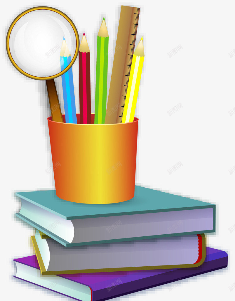 开学季各式学习用品png免抠素材_新图网 https://ixintu.com 叠放的书本 各式学习用品 多彩铅笔 开学季 放大镜 黄色尺子
