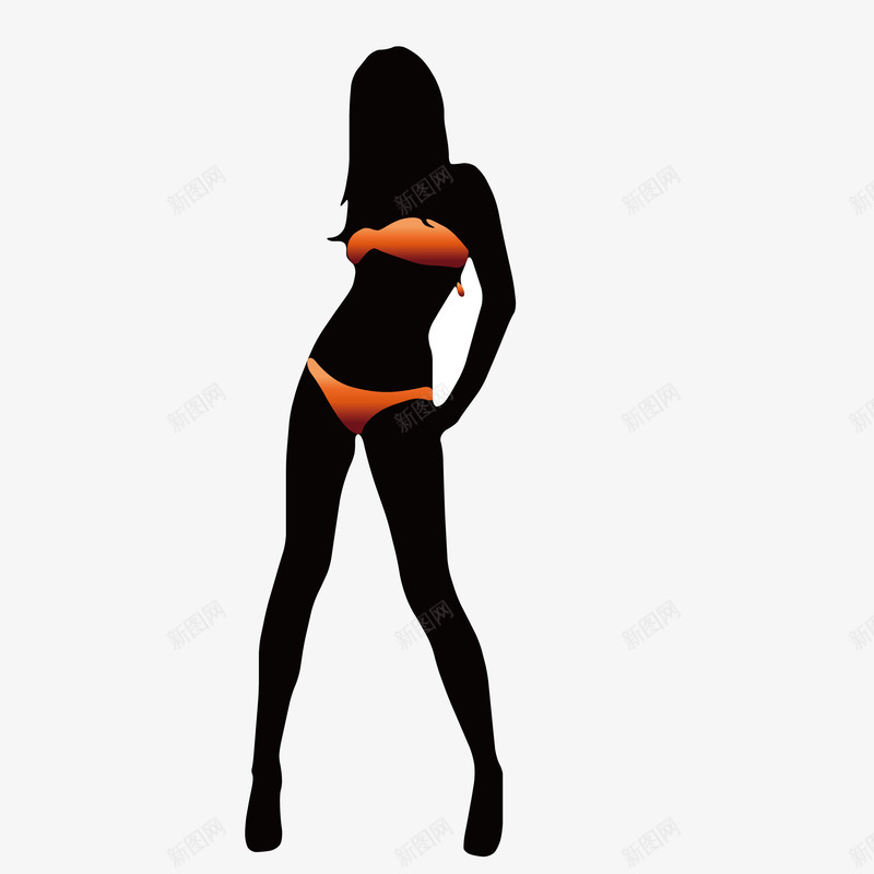 穿比基尼的女人png免抠素材_新图网 https://ixintu.com 剪影 动作 女人 手绘 比基尼 站立 长发 黑色的