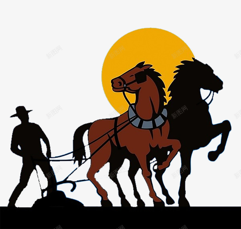 在黄色日光下两匹马拉着耕犁在耕png免抠素材_新图网 https://ixintu.com