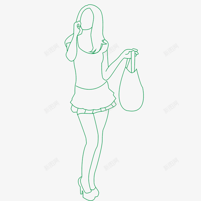 线条女人png免抠素材_新图网 https://ixintu.com 人物线条 女孩 手提包 手绘 接听电话 短裙