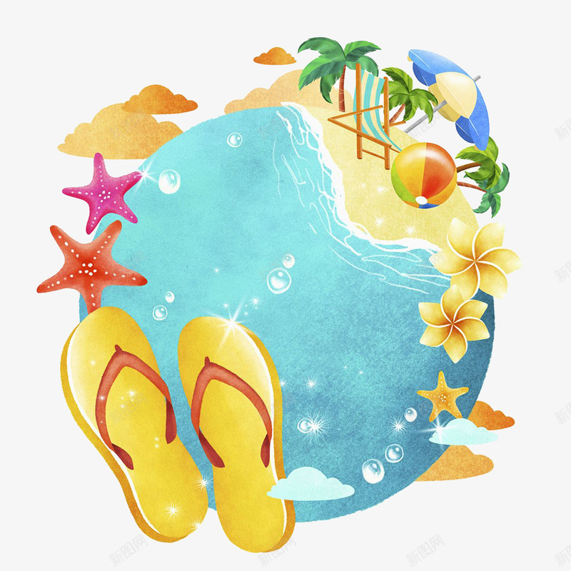 沙滩海洋插画png免抠素材_新图网 https://ixintu.com 人字拖鞋 伞 凉鞋 夏天 太阳椅 度假胜地 拖鞋 棕榈树 水 沙滩海洋插画 海星 海滩度假 皮球 自然