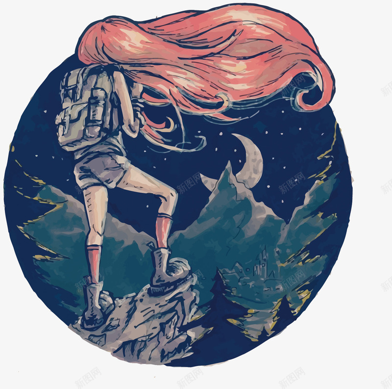 登山png免抠素材_新图网 https://ixintu.com 少女 月亮 登山 运动 远足 野营 露营 驴友