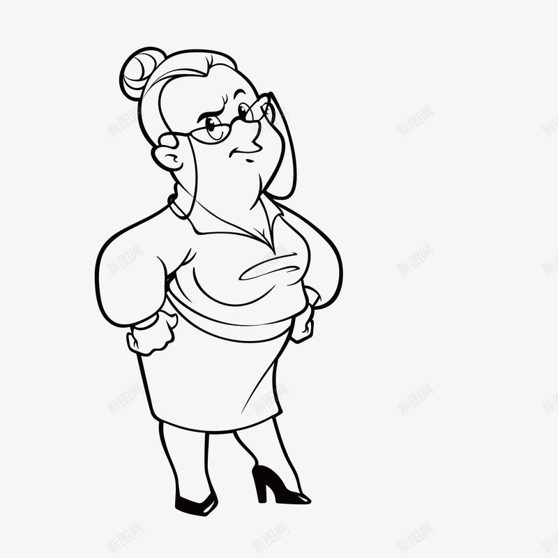 手绘卡通线描带眼镜胖女人png免抠素材_新图网 https://ixintu.com 人物 眼镜胖女人 线描人物 老师形象 胖女人 黑色线描人物