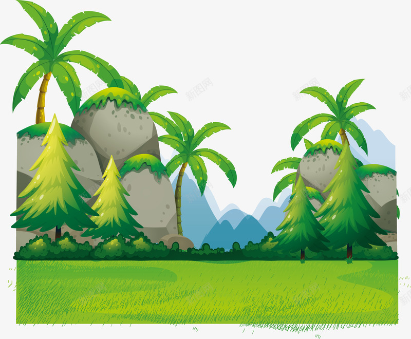 美丽的大草原png免抠素材_新图网 https://ixintu.com 大自然 椰子树装饰 矢量素材 远离雾霾 青草地