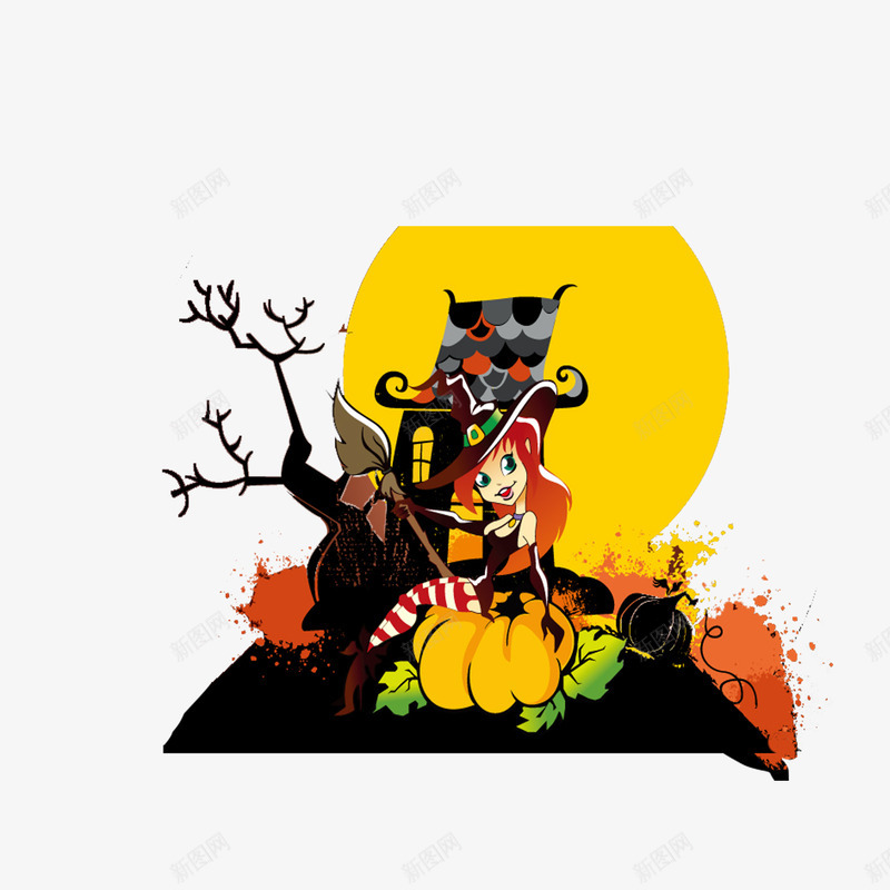 万圣节女巫插画png免抠素材_新图网 https://ixintu.com 万圣节 女巫 月亮 枯树