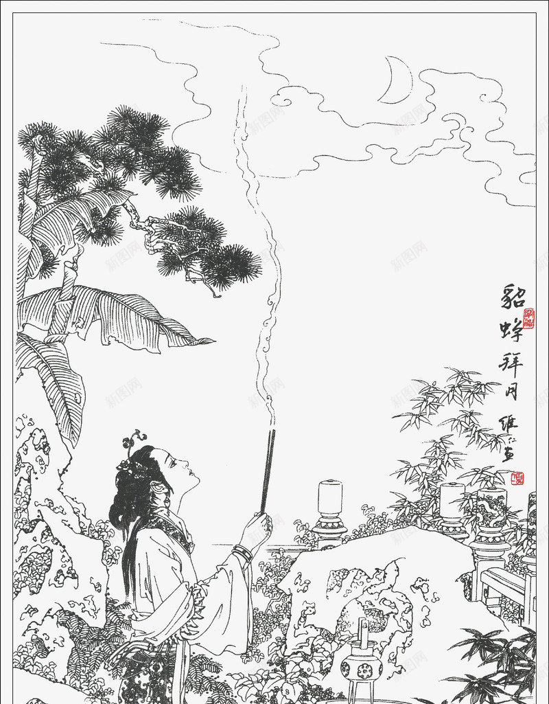 工笔白描仕女人物png免抠素材_新图网 https://ixintu.com 人物 仕女图 古典 国画 工笔 白描 配图