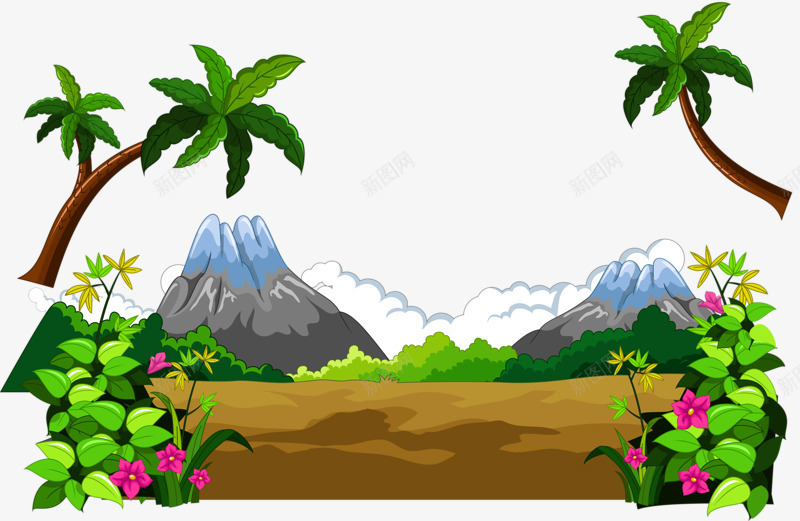 卡通火山png免抠素材_新图网 https://ixintu.com 椰子树 火山 火焰 绿色
