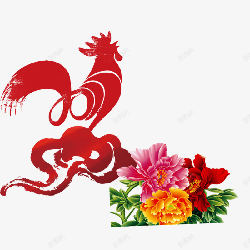 鸡年剪影psd免抠素材_新图网 https://ixintu.com 彩色牡丹花 红色剪影 红色祥云