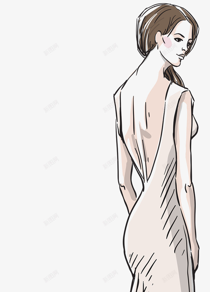 手绘线描模特png免抠素材_新图网 https://ixintu.com 人物插画 时尚手绘 模特走秀 礼服 线描时装 美丽女孩