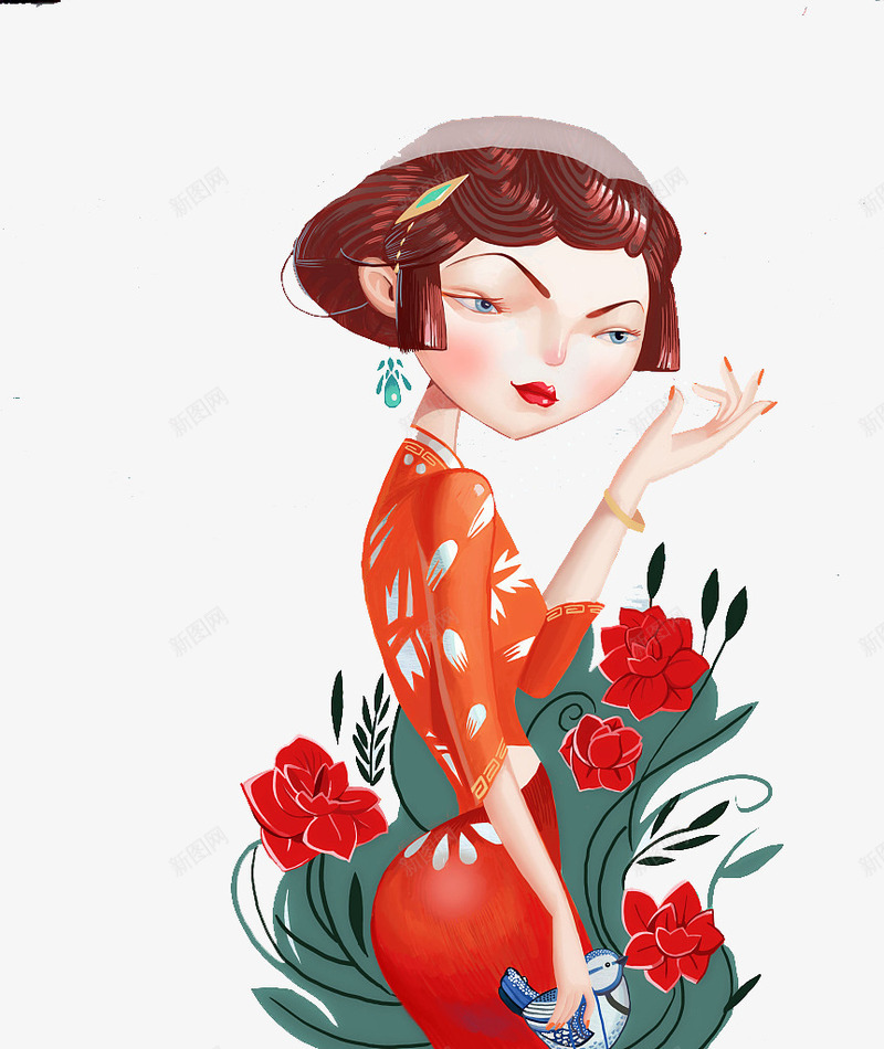 手绘人物插图穿旗袍的女孩png免抠素材_新图网 https://ixintu.com 人物插画 女孩 手绘人物 穿旗袍 穿旗袍的女人 红色花朵 装饰插图