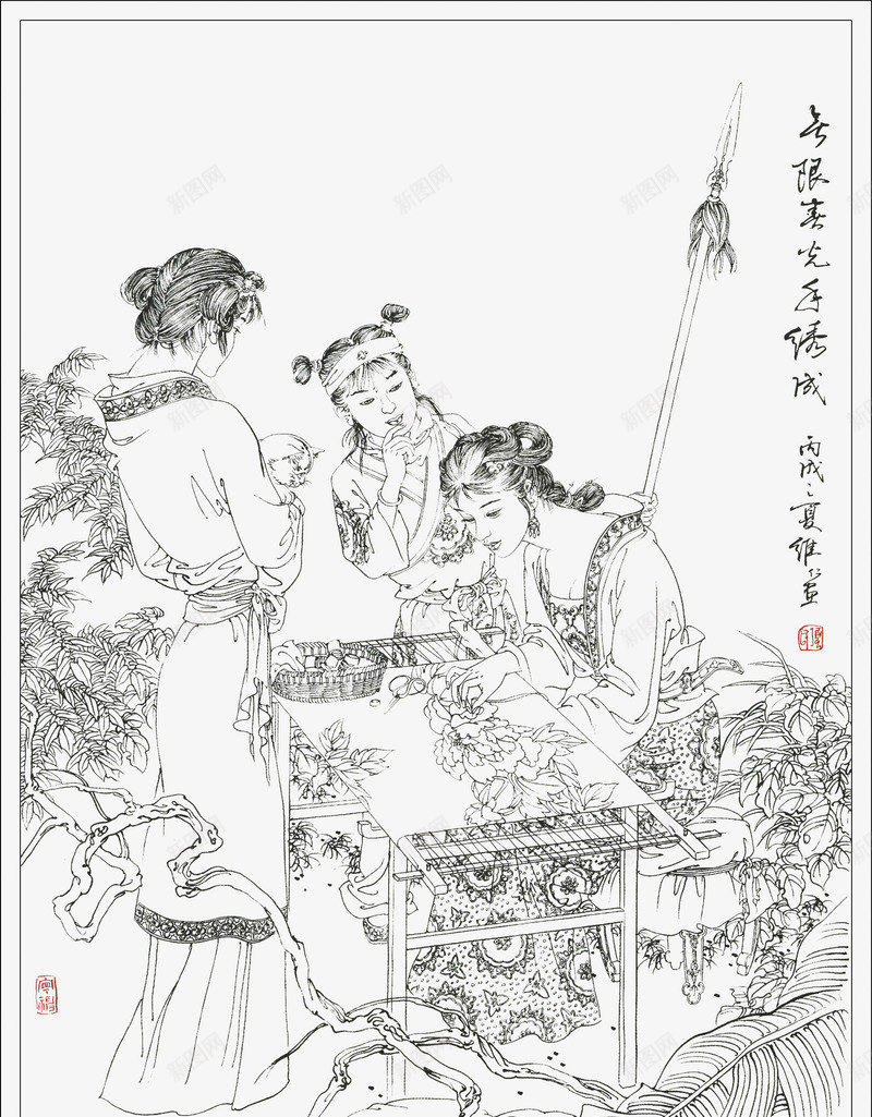 工笔白描仕女人物png免抠素材_新图网 https://ixintu.com 人物 仕女图 古典 国画 工笔 白描 配图