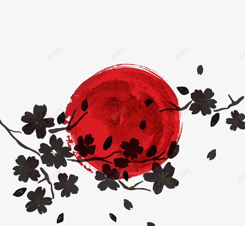 黑色花卉与红色月亮png免抠素材_新图网 https://ixintu.com 红色月亮 艺术 黑色花