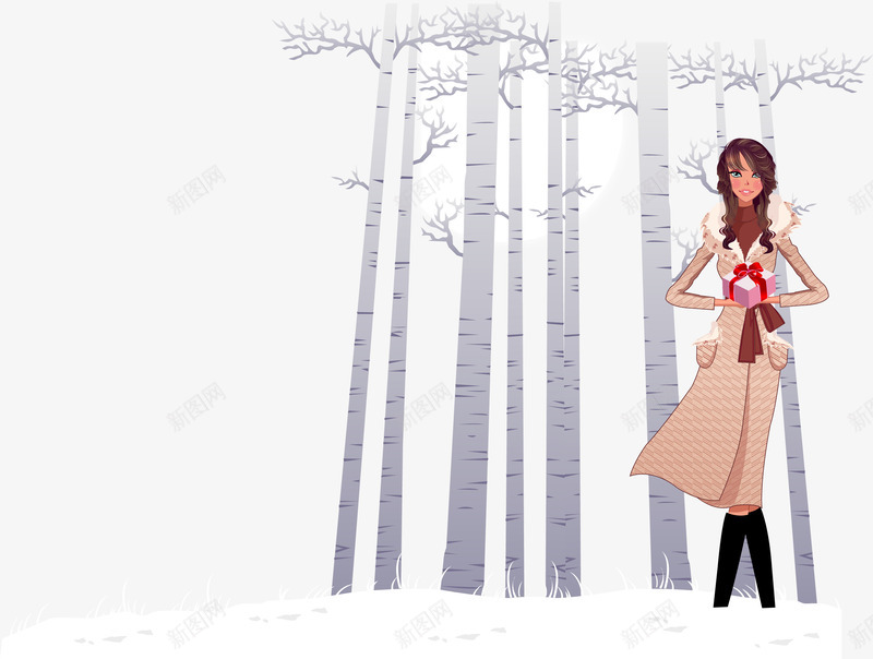 树林边拿礼物少女矢量图ai免抠素材_新图网 https://ixintu.com 人物矢量素材 少女 时尚美女 月亮 树林 礼物 矢量图