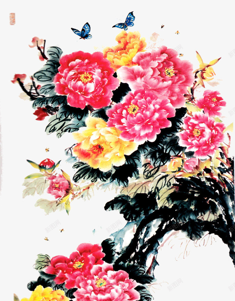 牡丹png免抠素材_新图网 https://ixintu.com 中国画 中国风 牡丹 粉色 红色 花朵 黑色