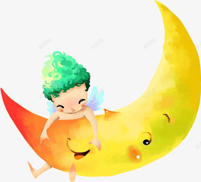 卡通手绘天使小孩月亮png免抠素材_新图网 https://ixintu.com 卡通 天使 小孩 月亮