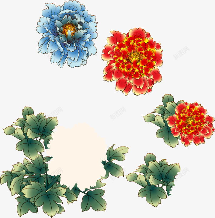中国风国画牡丹花矢量图ai免抠素材_新图网 https://ixintu.com 国画 牡丹花 红色 蓝色 矢量图