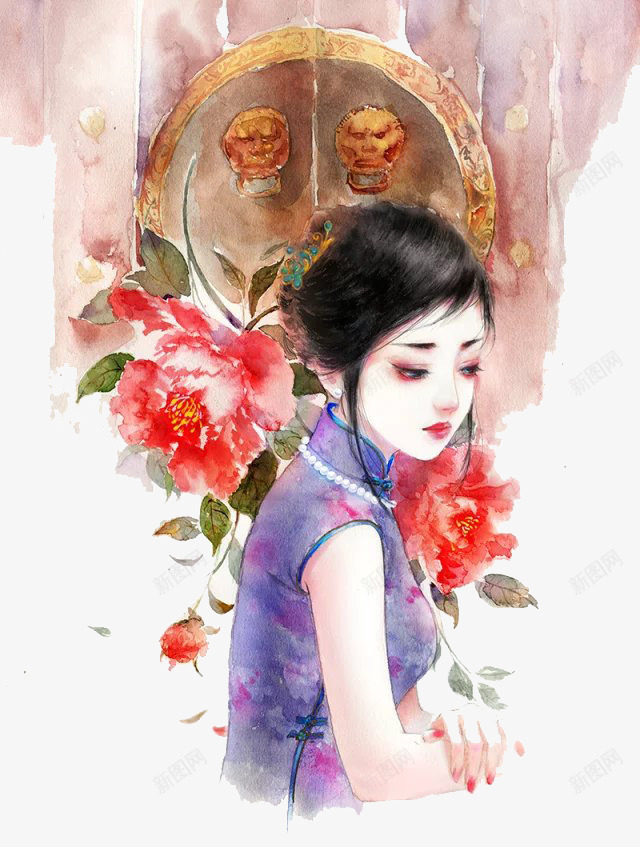手绘古装牡丹少女png免抠素材_新图网 https://ixintu.com 古装 少女 手绘 牡丹