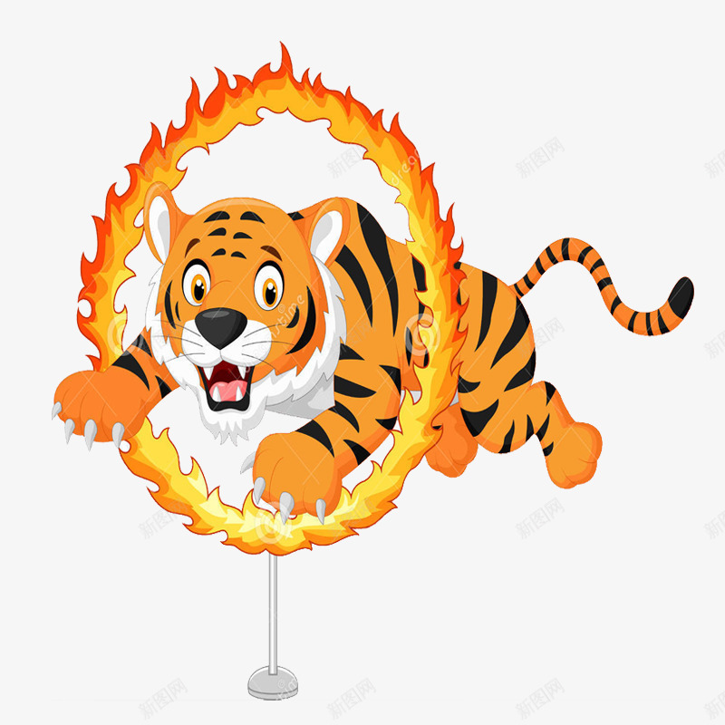 跳火圈的老虎png免抠素材_新图网 https://ixintu.com 凶猛 动物 卡通 火圈 火焰虎 老虎 跳圈老虎 马戏团