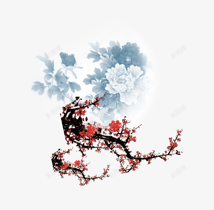 梅花牡丹psd免抠素材_新图网 https://ixintu.com 梅花 水墨画 海报 牡丹 装饰