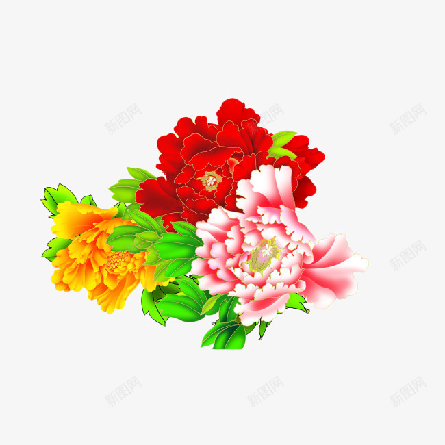 三朵金边牡丹png免抠素材_新图网 https://ixintu.com 中国风 喜庆 国画 牡丹 粉牡丹 红牡丹 设计 金边牡丹 黄牡丹