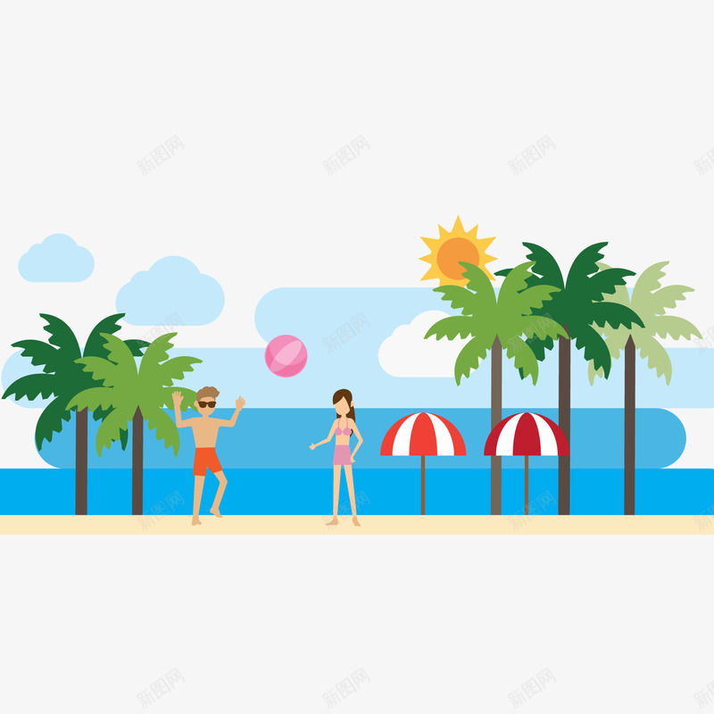 海边度假游玩的风景矢量图ai免抠素材_新图网 https://ixintu.com 人物设计 太阳 度假 旅行 植物 海边 游玩 风景 矢量图