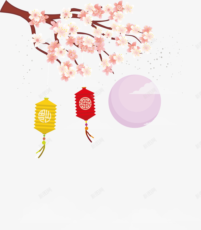 粉红色桃花树枝月亮png免抠素材_新图网 https://ixintu.com 中秋夜 月亮 月圆之夜 桃花枝 桃花树 矢量png