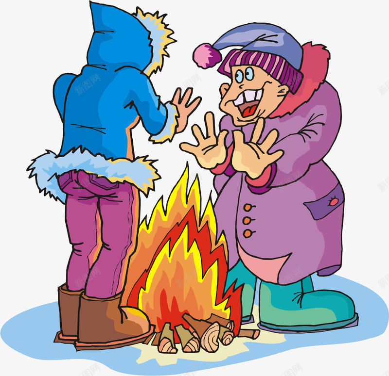 烤火的人png免抠素材_新图网 https://ixintu.com 两个 人物 卡通 火焰 烤火 紫色 红色 黄色