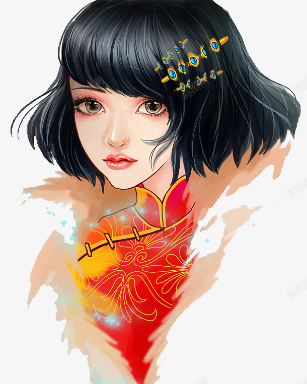 手绘人物插图穿旗袍的短发女孩png免抠素材_新图网 https://ixintu.com 中国风 人物插图 头饰 女孩 手绘 短发 穿旗袍 穿旗袍的女人