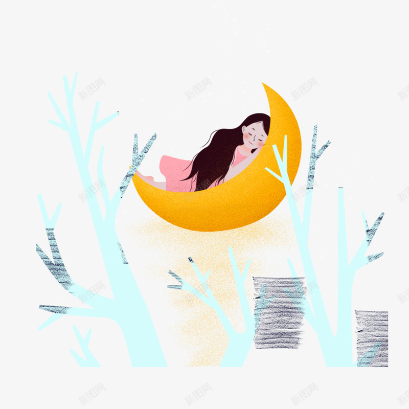 扁平星空png免抠素材_新图网 https://ixintu.com 创意 唯美 女孩 扁平星空 星空 月亮 树木 简约