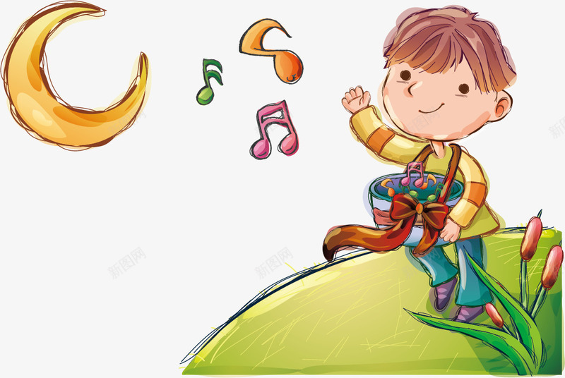 站在草地上唱歌的男孩png免抠素材_新图网 https://ixintu.com 卡通 唱歌 月亮 男孩 草地