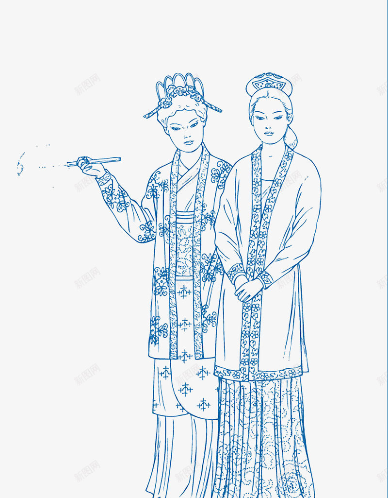 线描古典宋朝人物psd免抠素材_新图网 https://ixintu.com 中国风 古典人物 手绘 线描 青花瓷