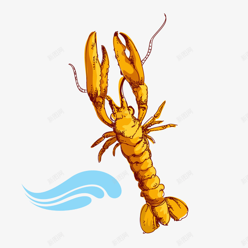 黄色手绘海洋龙虾矢量图ai免抠素材_新图网 https://ixintu.com 传统美食 大虾 大龙虾 波浪 海洋 海鲜 美食 餐饮美食 龙虾 矢量图