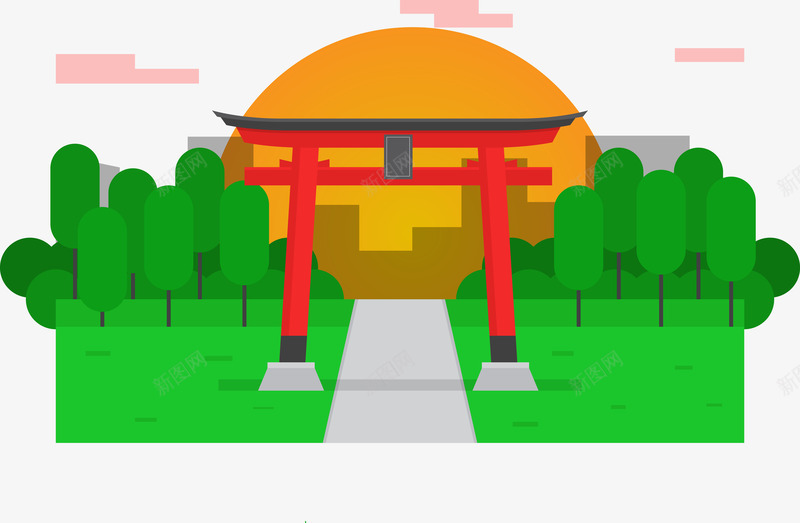 寺庙门头矢量图ai免抠素材_新图网 https://ixintu.com 太阳 小树 庙宇 红色 绿色 矢量图
