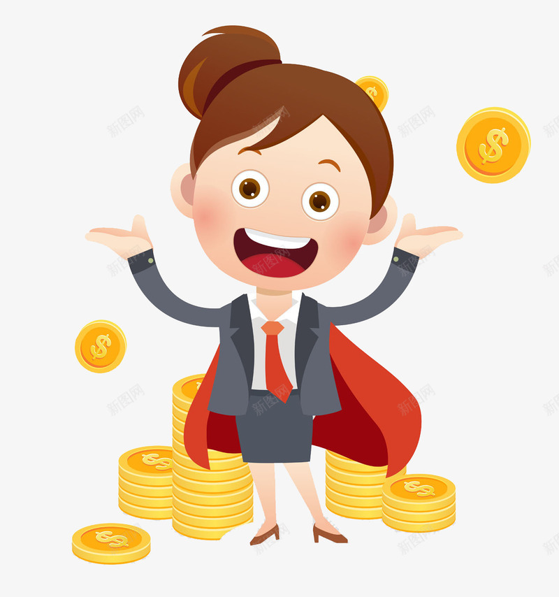 卡通张开双手的女人图png免抠素材_新图网 https://ixintu.com 伸手的女人 商务 女人 女人天堂 摞着的 红风衣 西装 超人 金币 高兴地