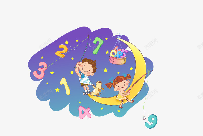 卡通男孩png免抠素材_新图网 https://ixintu.com 卡通男孩 女孩 数字 月亮