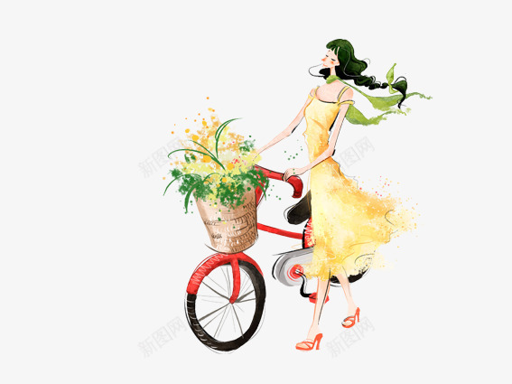 手绘骑单车的女人png免抠素材_新图网 https://ixintu.com 手绘女人 手绘自行车 手绘骑单车的女人 自行车 花篮