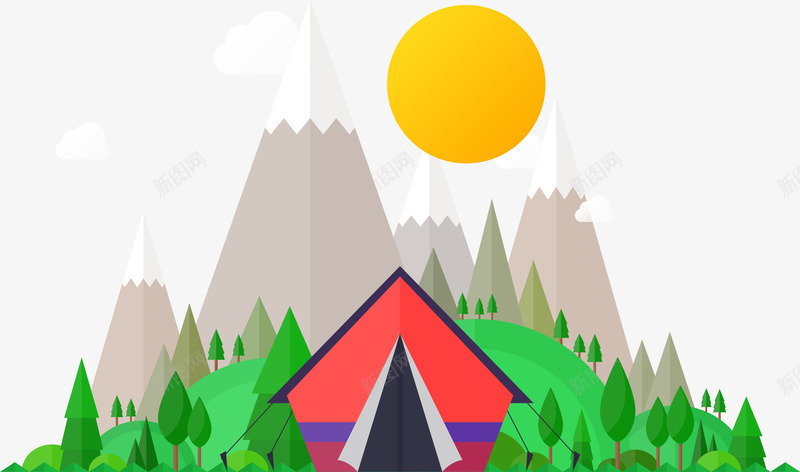 野外野营帐篷插画png免抠素材_新图网 https://ixintu.com 太阳 太阳升起 山峰 房屋 树木
