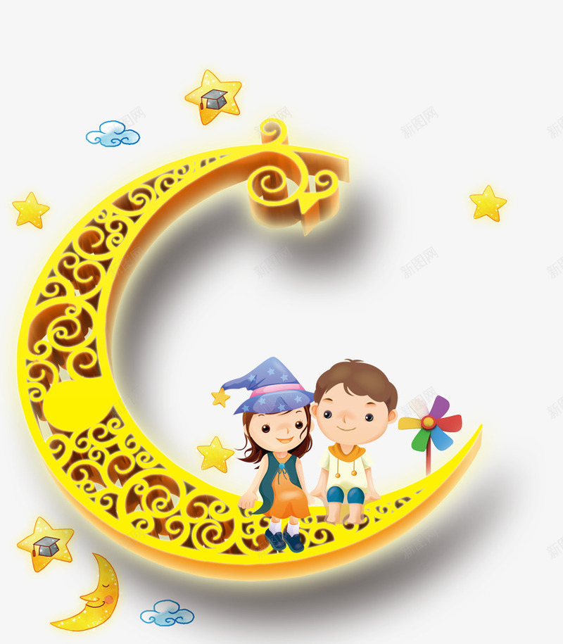 唯美卡通儿童节月亮男孩女孩云朵png免抠素材_新图网 https://ixintu.com 云朵 儿童节 卡通 唯美 女孩 星星 月亮 男孩 金色 风车