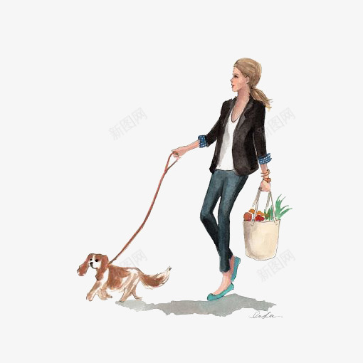 遛狗的女人png免抠素材_新图网 https://ixintu.com 卡通 女人 手绘 插画 时尚 走狗 逛街 遛狗